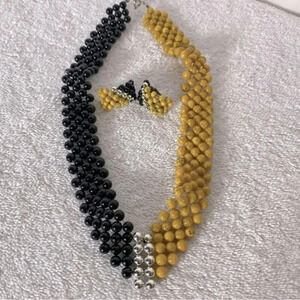 Vintage Yellow Black Silver Plastic Beaded Necklace & Clip On Earrings Set
